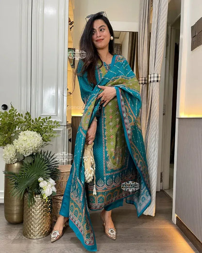 Teal Blue & Olive Green Silk Blend Suit Set with Dupatta