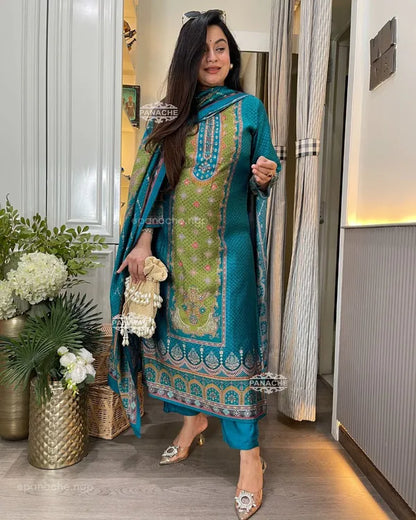 Teal Blue & Olive Green Silk Blend Suit Set with Dupatta