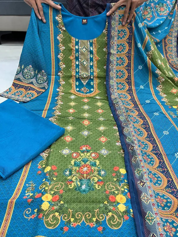 Teal Blue & Olive Green Silk Blend Suit Set with Dupatta