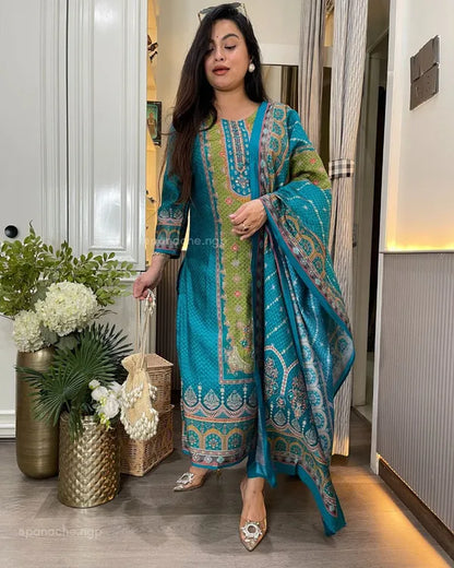 Teal Blue & Olive Green Silk Blend Suit Set with Dupatta
