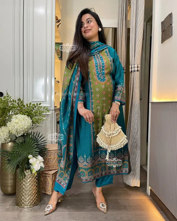 Teal Blue & Olive Green Silk Blend Suit Set with Dupatta