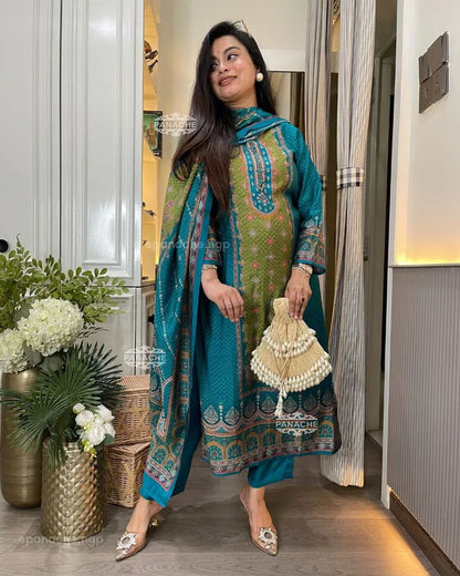 Teal Blue & Olive Green Silk Blend Suit Set with Dupatta