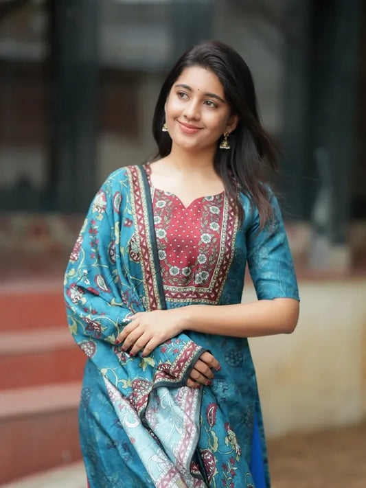 TURQUOISE BLUE & RED SILK BLEND...