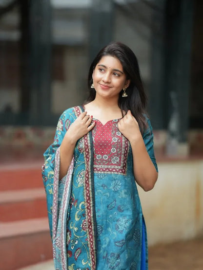 TURQUOISE BLUE & RED SILK BLEND...