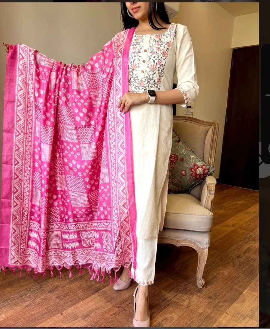 Cream Khadi Cotton Kurti Set With Dupatta For Women