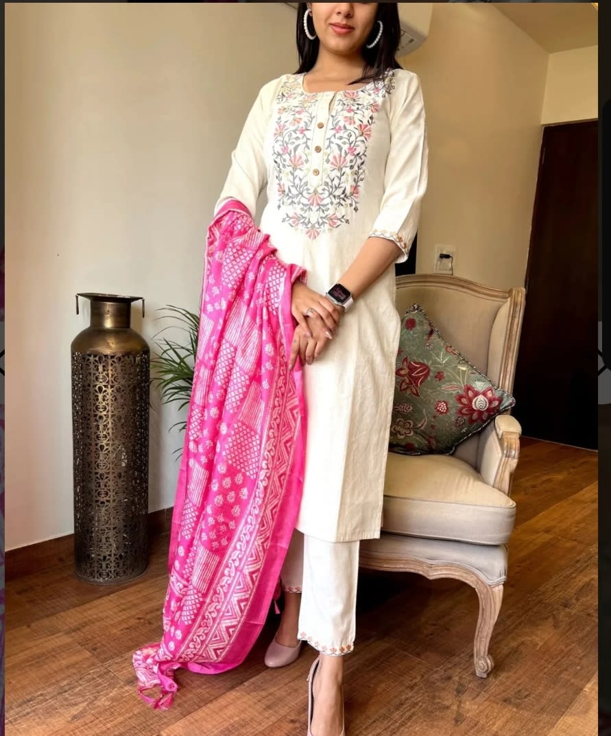 Cream Khadi Cotton Kurti Set With Dupatta For Women