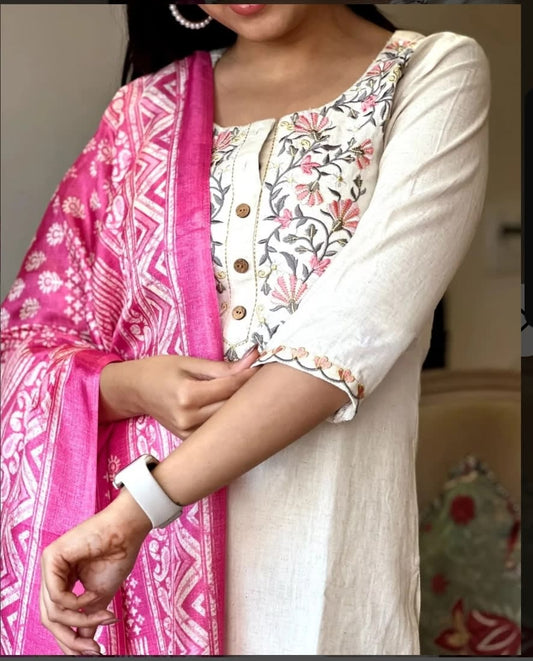 Cream Khadi Cotton Kurti Set With Dupatta For Women