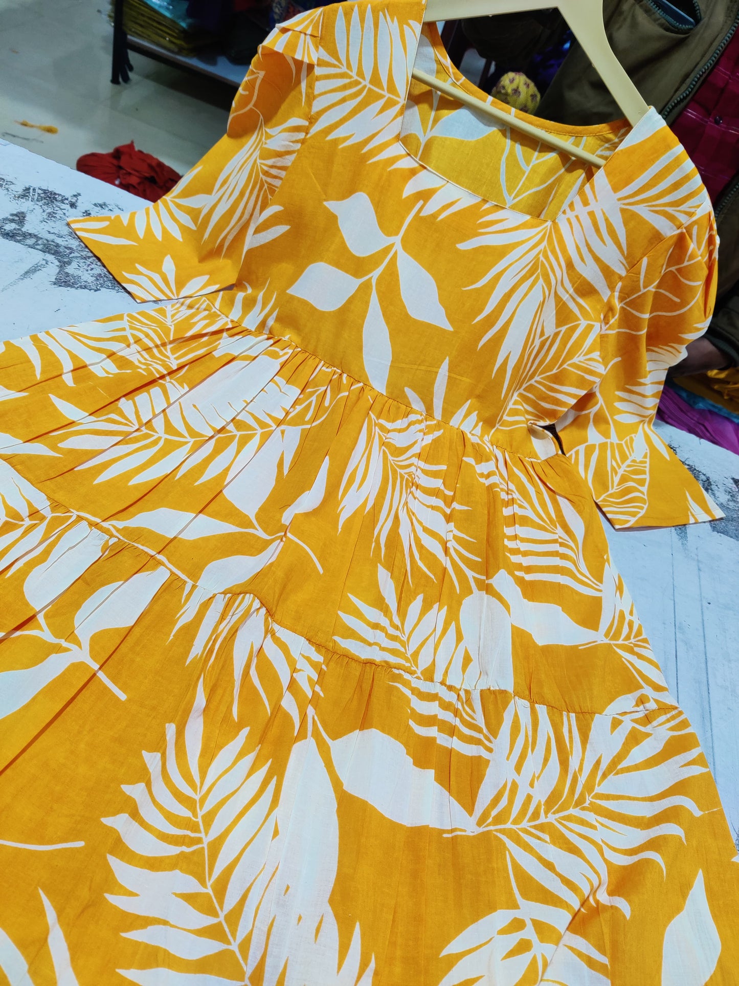 New Trending Print Cotton Yellow Midi Dress for Women | Puff Sleeve Stylish Casual Midi | Sizes 38 to 44