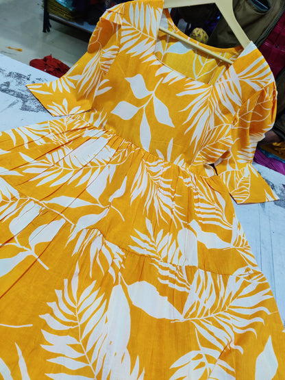 New Trending Print Cotton Yellow Midi Dress for Women | Puff Sleeve Stylish Casual Midi | Sizes 38 to 44