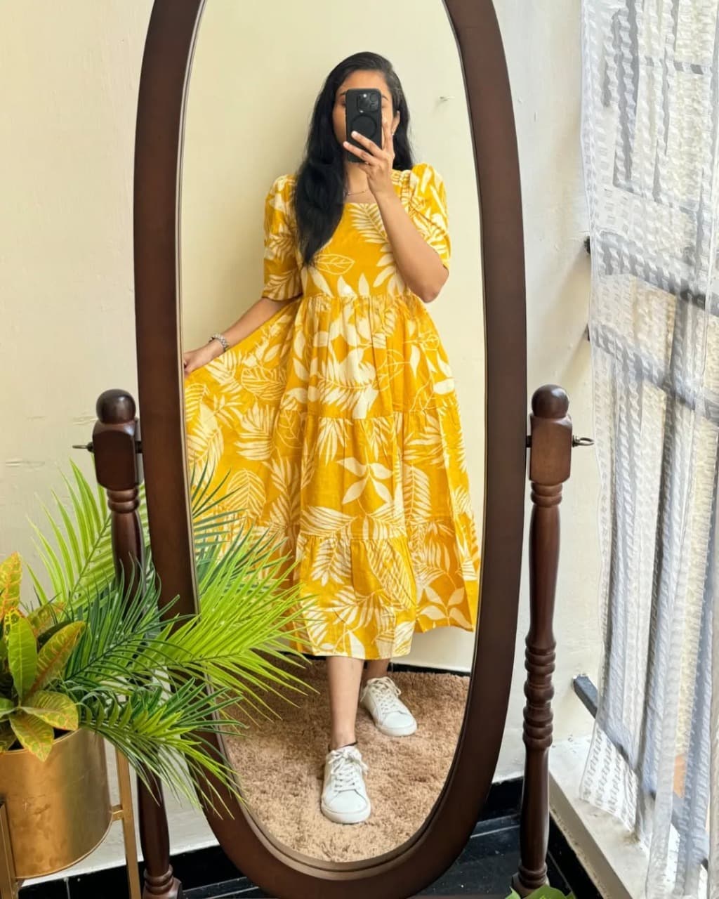 New Trending Print Cotton Yellow Midi Dress for Women | Puff Sleeve Stylish Casual Midi | Sizes 38 to 44