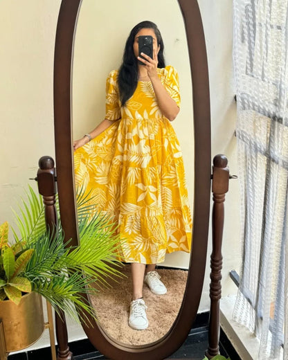 New Trending Print Cotton Yellow Midi Dress for Women | Puff Sleeve Stylish Casual Midi | Sizes 38 to 44