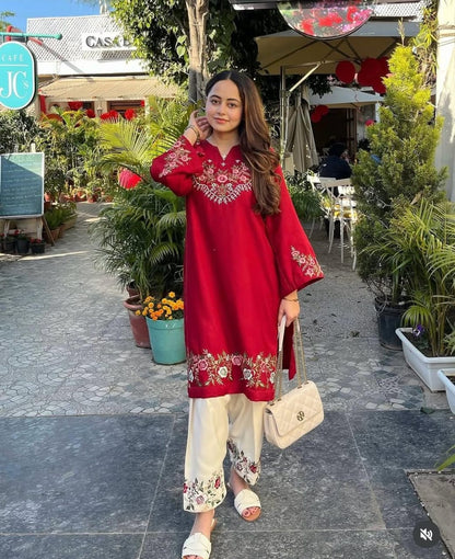 Rakoon Red Pure Cotton Embroidered Co-Ord Set for Women