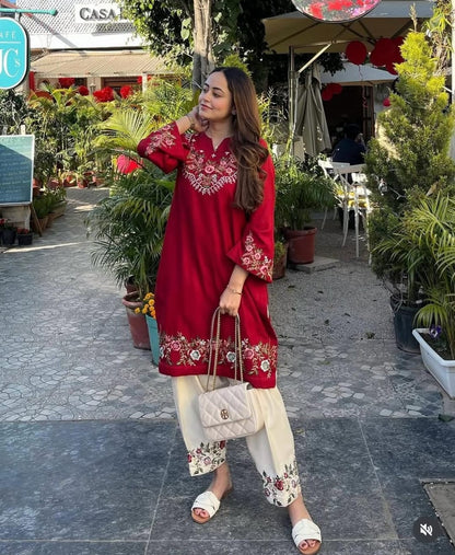 Rakoon Red Pure Cotton Embroidered Co-Ord Set for Women