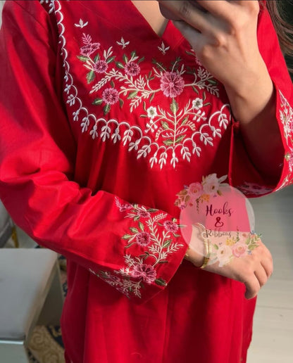 Rakoon Red Pure Cotton Embroidered Co-Ord Set for Women