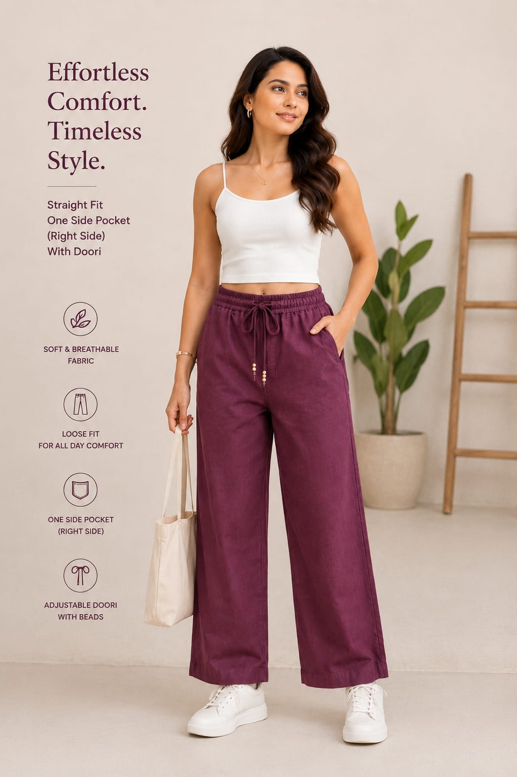 Wine Purple Straight Fit Cotton Palazzo Pants for Women | Elastic Waist Loose Fit Trousers with Pocket & Adjustable Dori