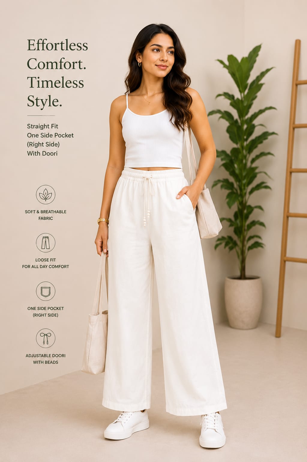 Rakoon Women's pure Cotton  Straight Fit Wide Leg Trousers | Loose Fit Palazzo Pants with Adjustable Doori & Right Side Pocket