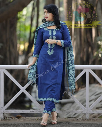 Blue Cotton Kurta Set With Dupatta For Women