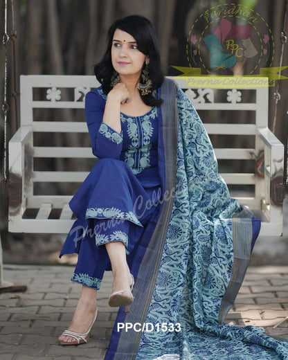 Blue Cotton Kurta set with Dupatta For Women