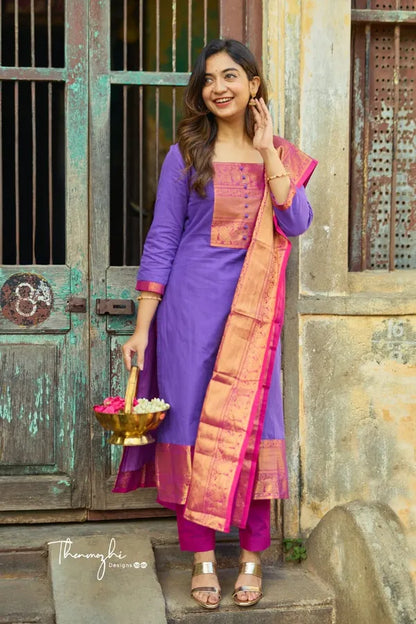 Exquisite Kanchi Cotton Suit Set Purple
