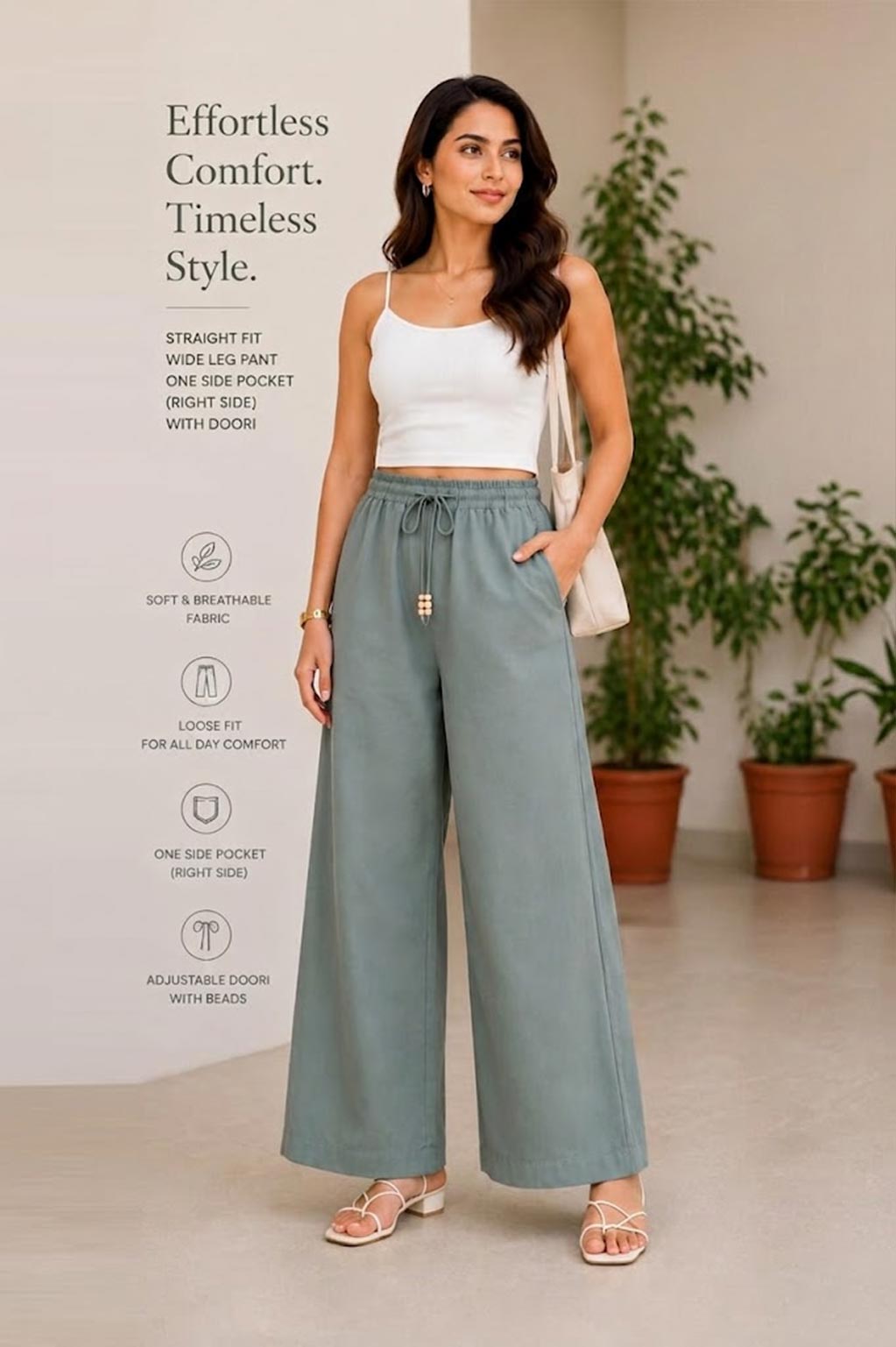 Rakoon Women's pure Cotton Straight Fit Wide Leg Pants | Loose Fit Palazzo Trousers with Adjustable Doori & Right Side Pocket