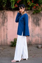 Women's Blue 💙 V-Neck Ethnic Top | Casual Solid Cotton Kurti with Loop-Trim Border