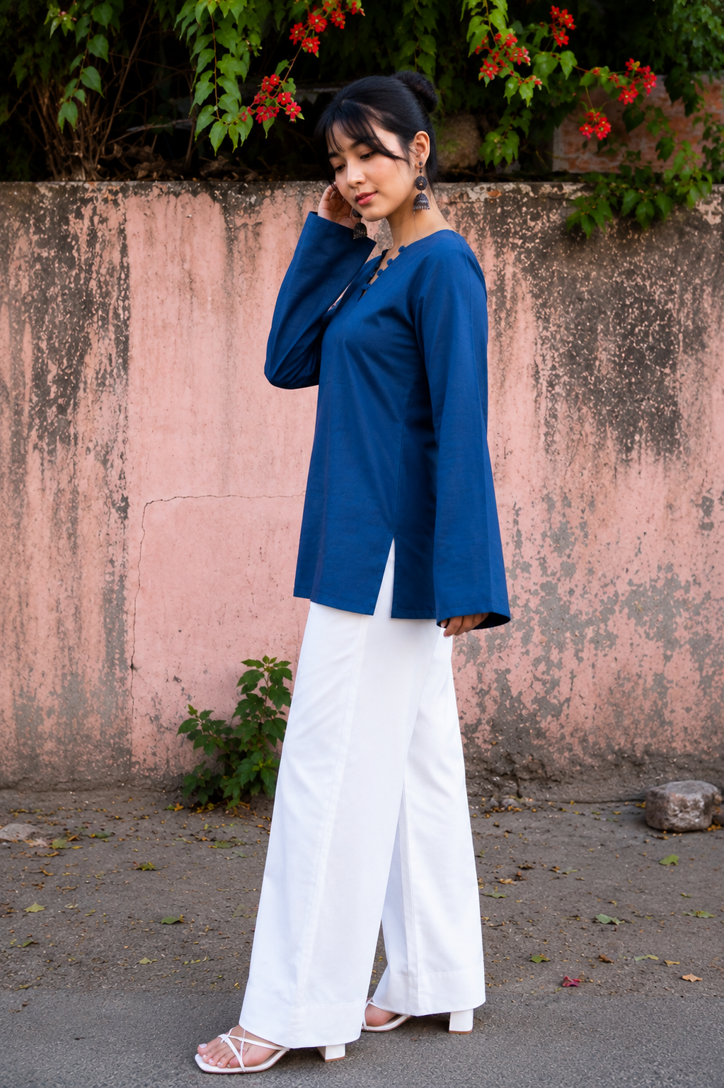 Women's Blue 💙 V-Neck Ethnic Top | Casual Solid Cotton Kurti with Loop-Trim Border