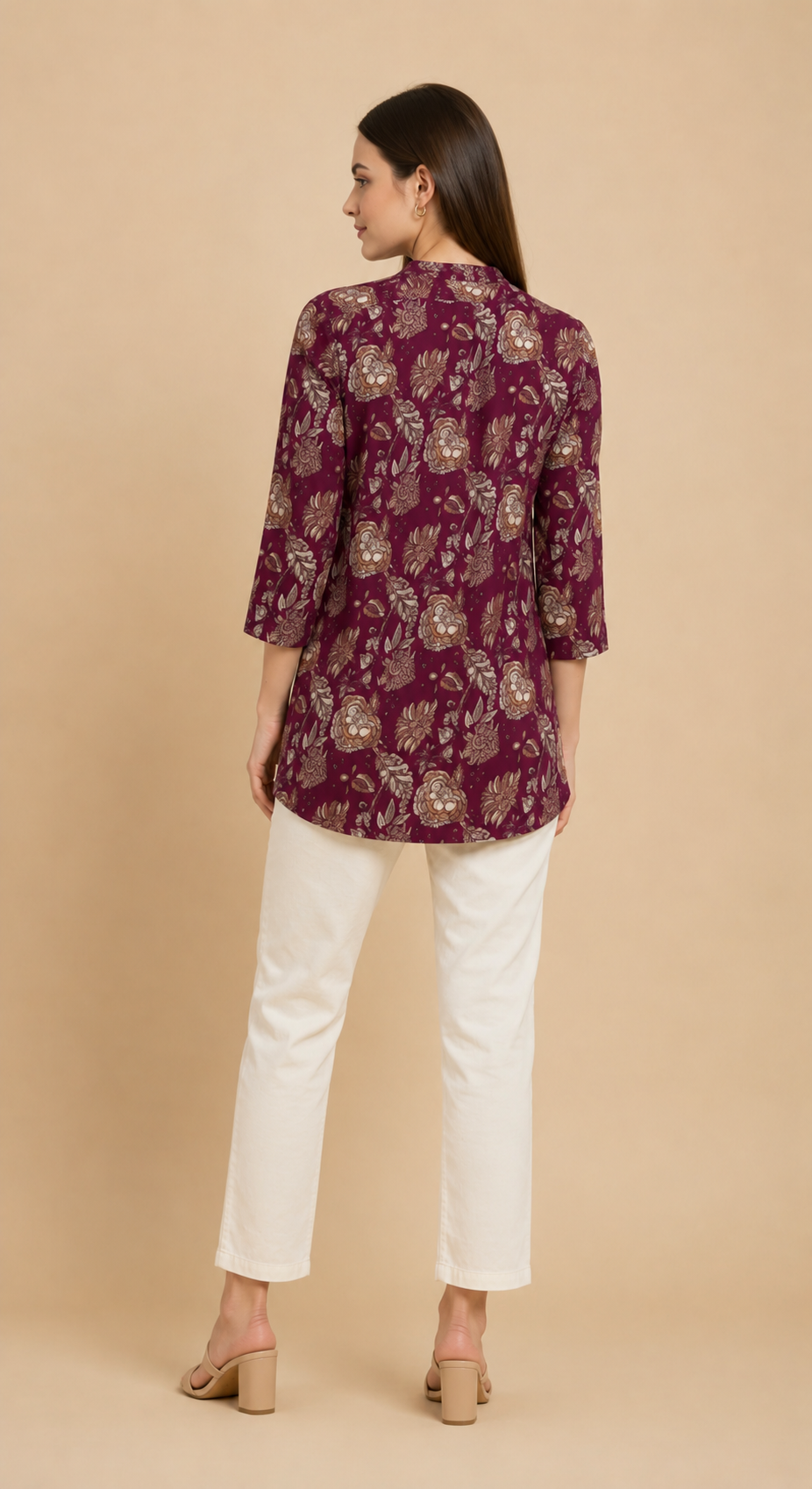 Wine Floral Cotton Top for Women | Casual 3/4 Sleeve