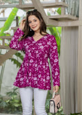 Magenta Floral Cotton Top for Women | V-Neck Casual College Wear Top