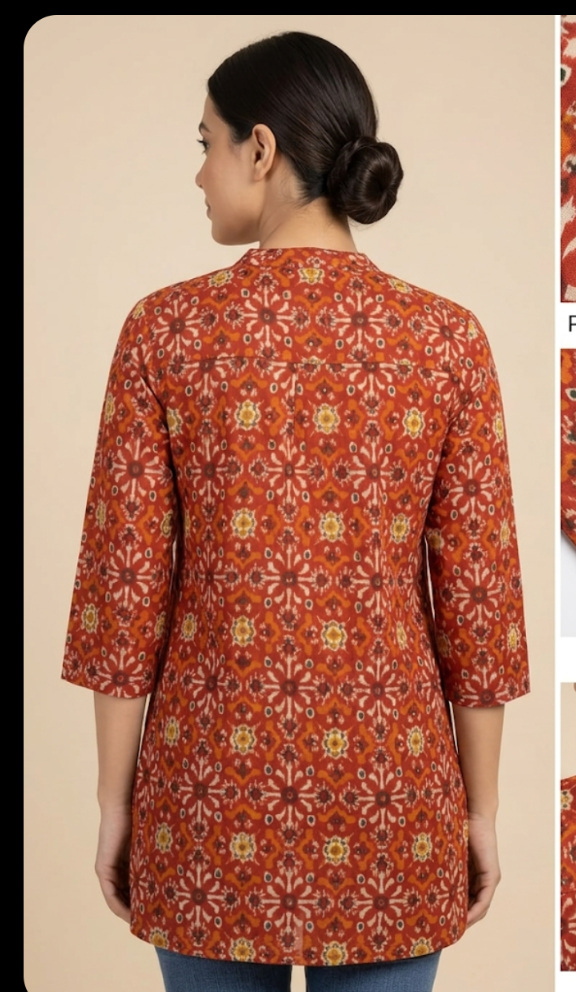 Rust Orange Cotton Kurti Style Top for Women | Ethnic Printed Smart Casual Top