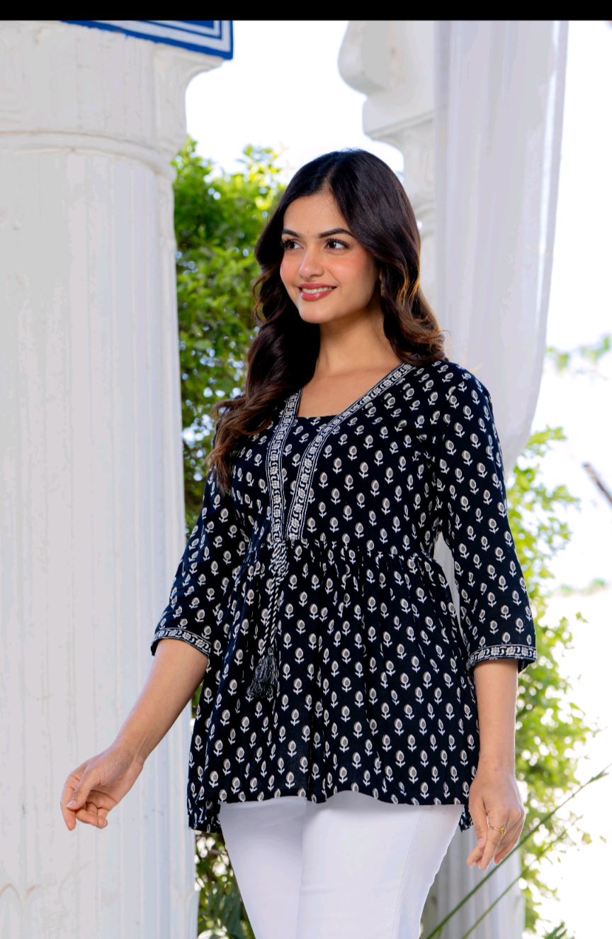 Stylish Black Printed Peplum Top for Women | Pure Cotton Casual & Office Wear Tunic Top