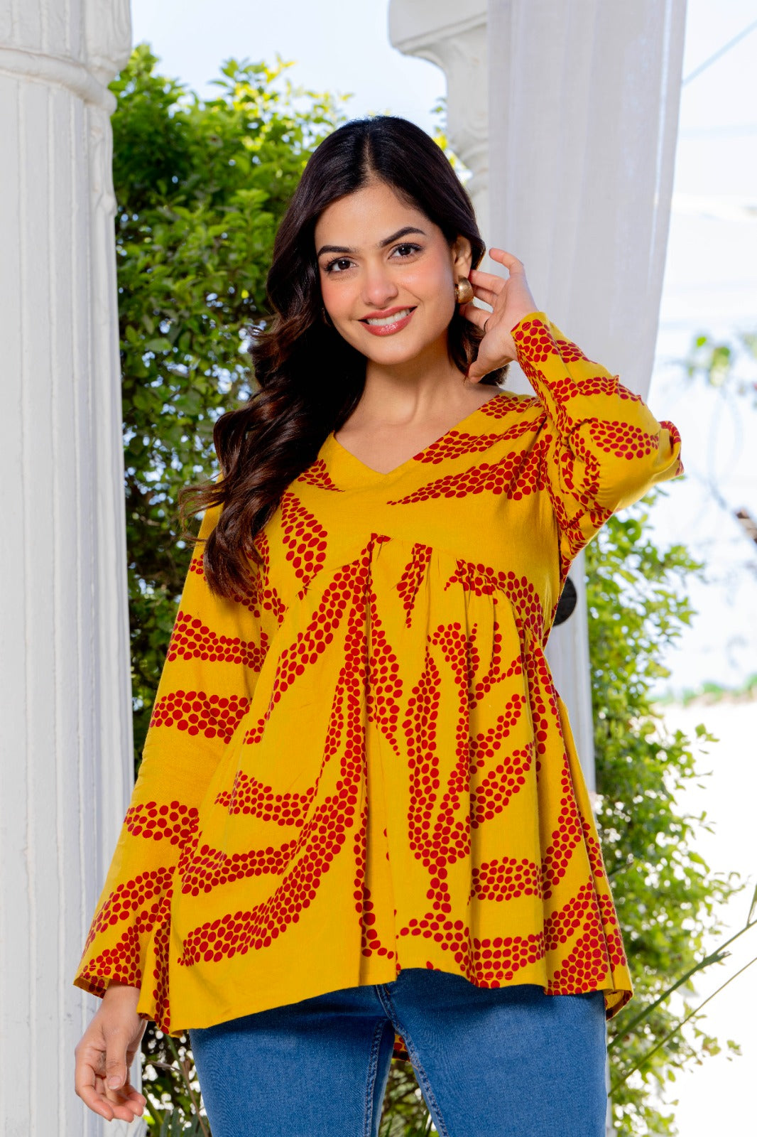 Mustard Yellow Cotton Printed Top for Women | V-Neck Casual College Wear Top