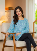 Floral Block Print Square Neck Tunic with Bell Sleeves – Sky Blue