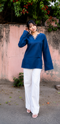 Women's Blue 💙 V-Neck Ethnic Top | Casual Solid Cotton Kurti with Loop-Trim Border