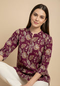 Wine Floral Cotton Top for Women | Casual 3/4 Sleeve