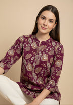 Wine Floral Cotton Top for Women | Casual 3/4 Sleeve