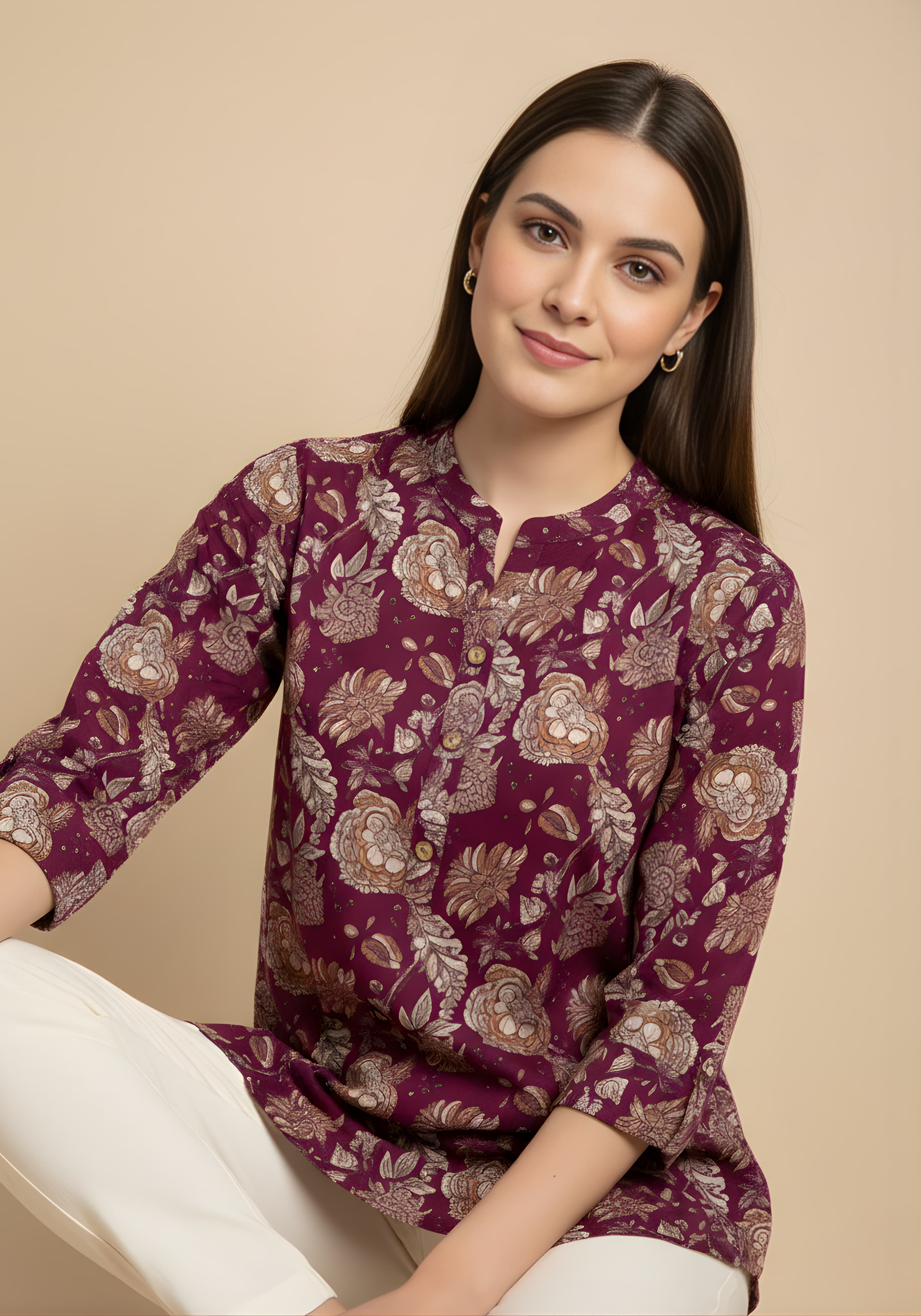 Wine Floral Cotton Top for Women | Casual 3/4 Sleeve