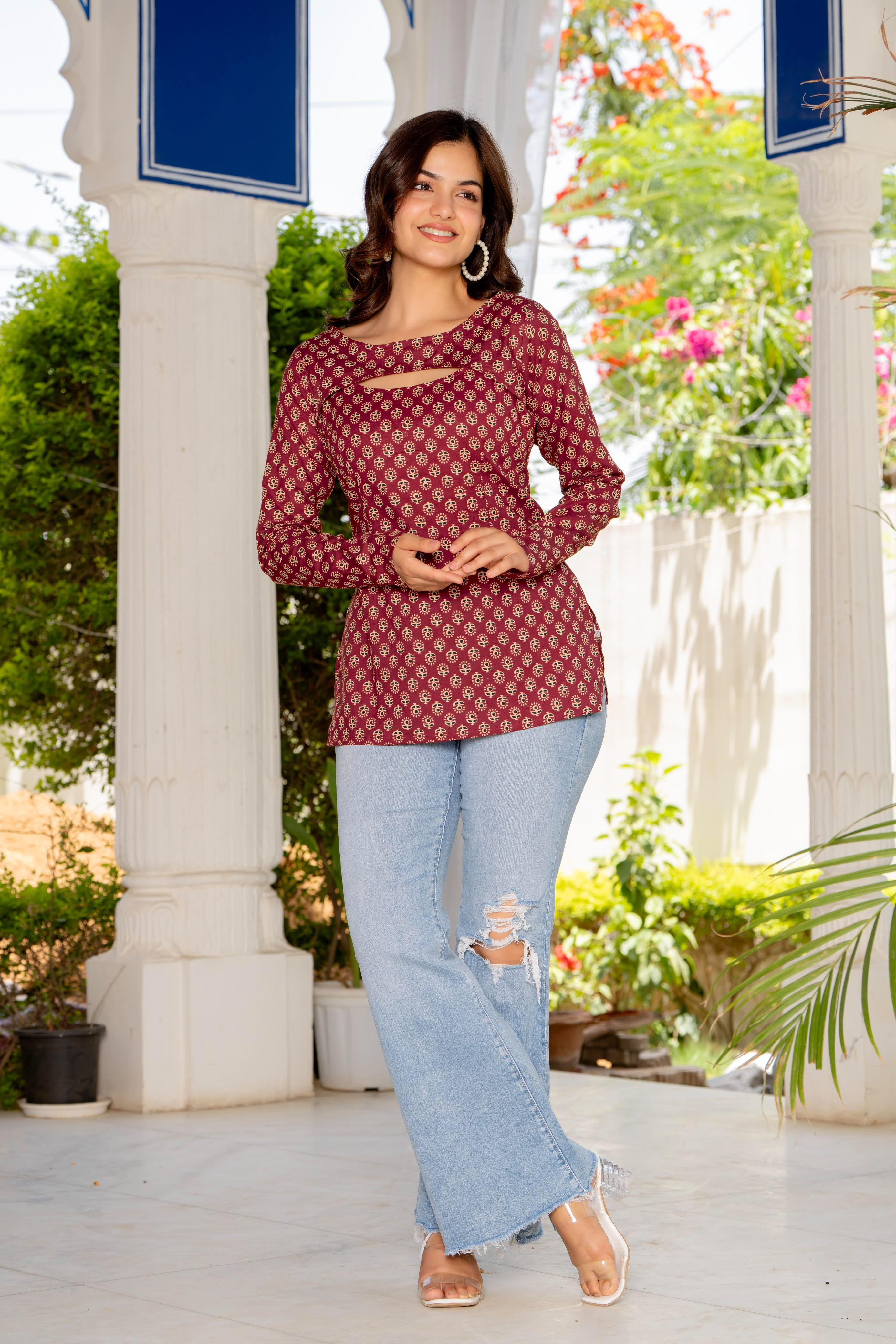 Elegant Maroon Floral Print Convertible Top
