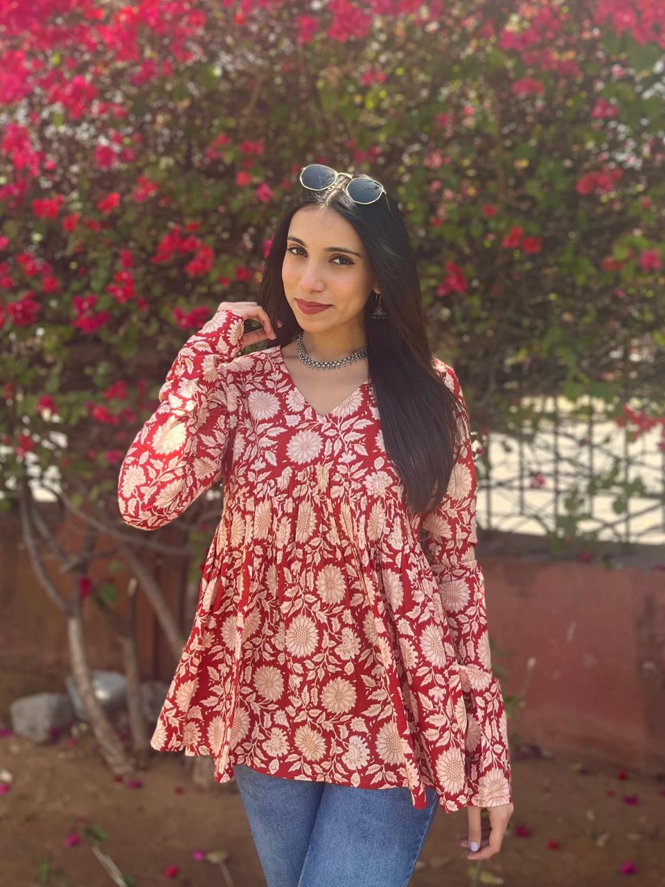 Rust Red Floral Cotton Top for Women | V-Neck Casual College Wear Top