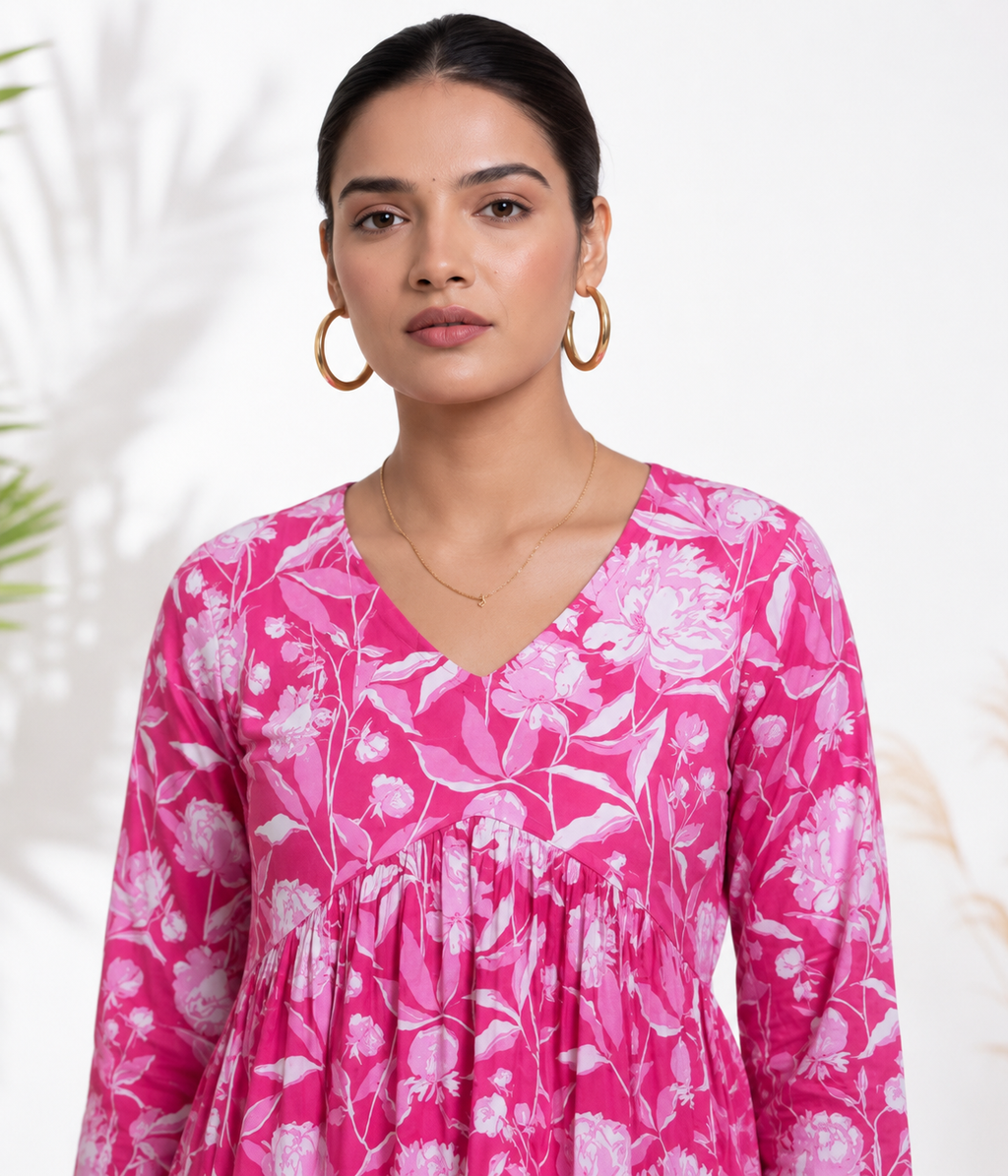 Pink Floral Cotton Top for Women | V-Neck Casual College Wear Top