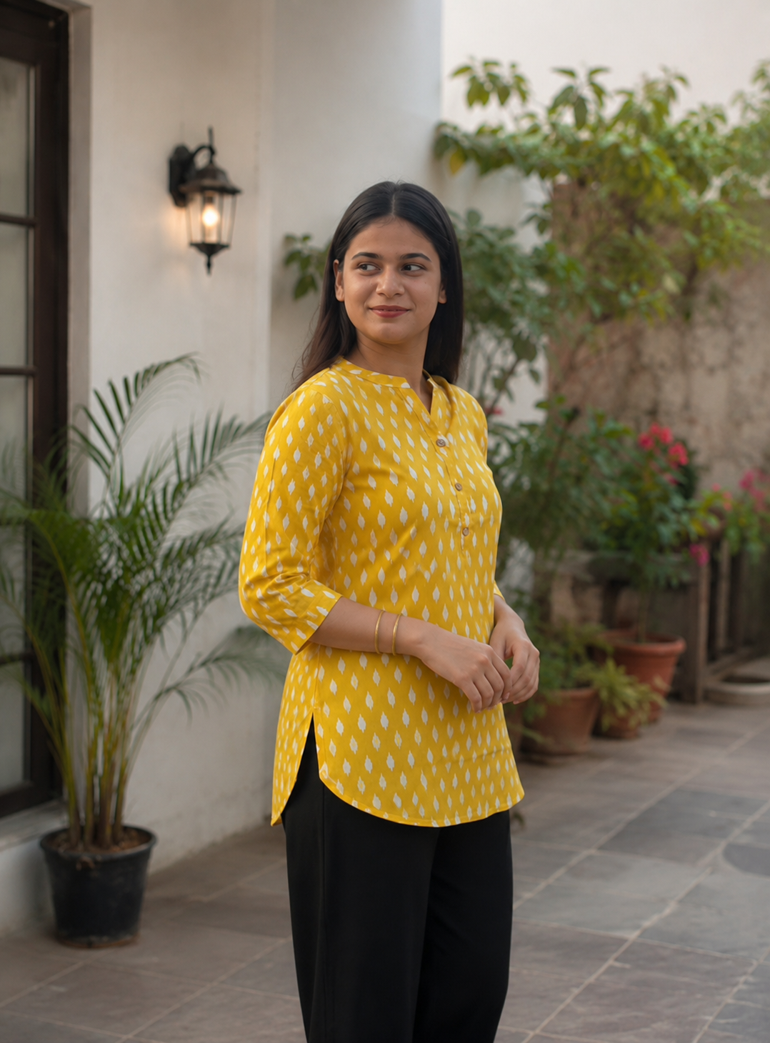 Women's Mustard Yellow Ikat Printed Cotton Short Kurti Top