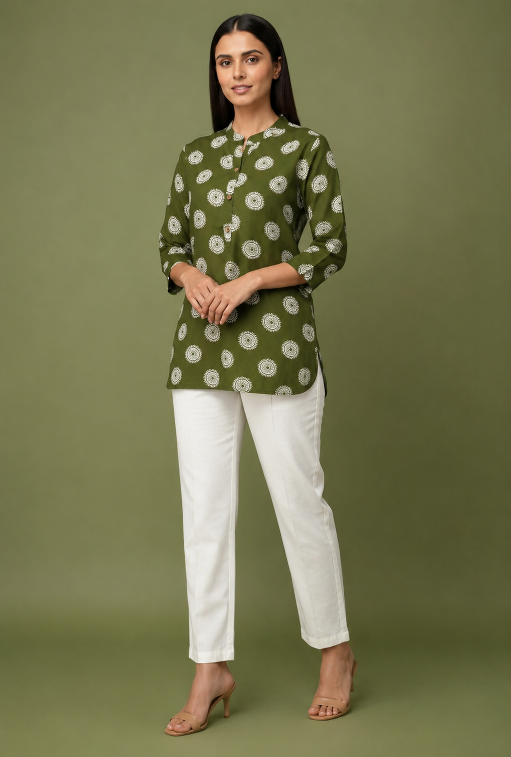 Olive Green Cotton Printed Top for Women | Casual College Wear 3/4 Sleeve Top