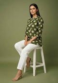 Olive Green Cotton Printed Top for Women | Casual College Wear 3/4 Sleeve Top