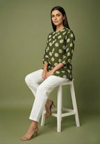 Olive Green Cotton Printed Top for Women | Casual College Wear 3/4 Sleeve Top