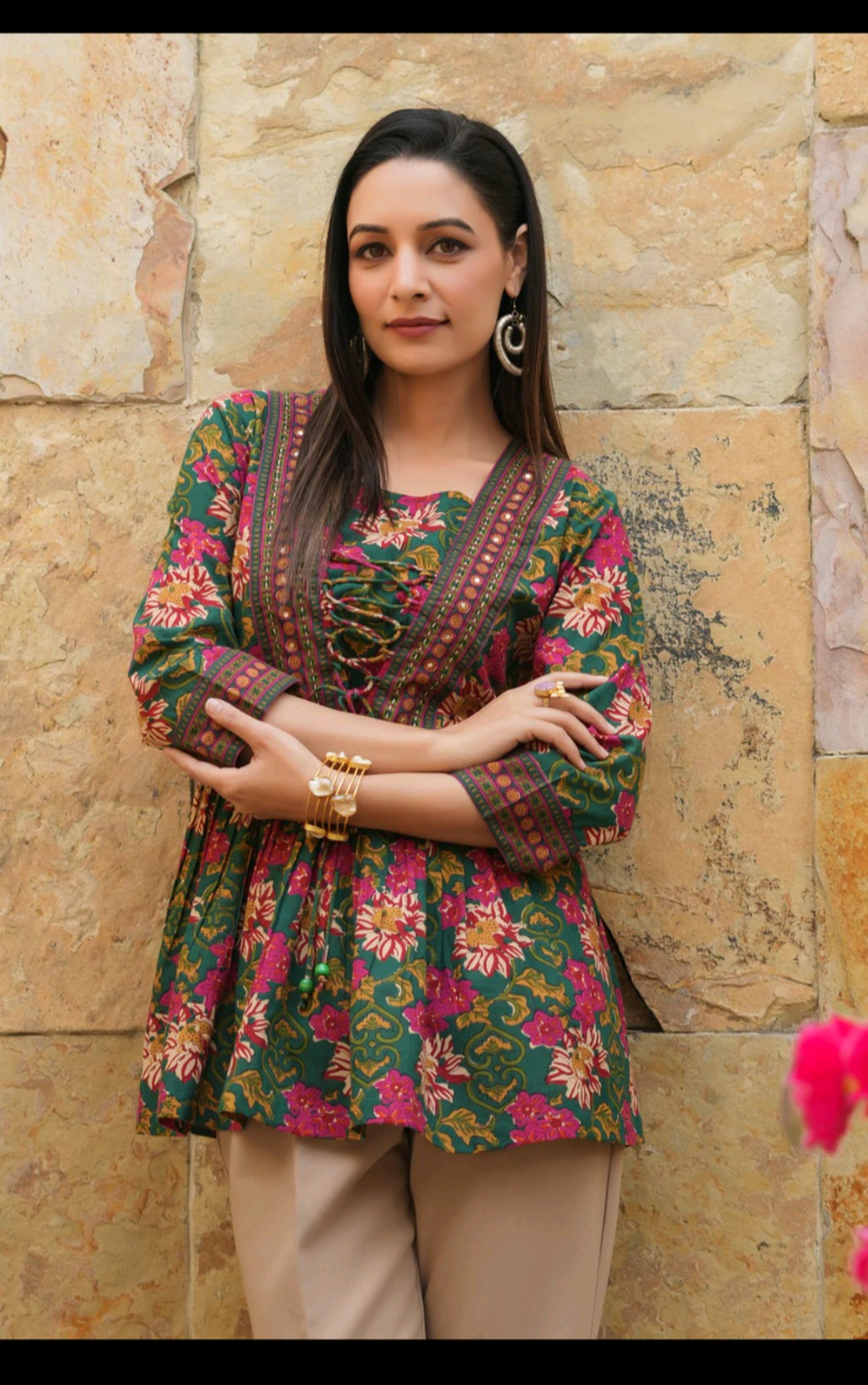 Women’s Floral Printed Peplum Top with Lace-Up Detail | Stylish Casual Ethnic Top