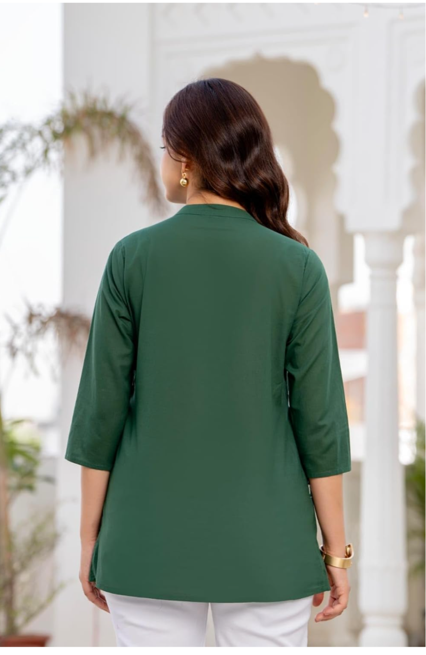 Women's Cotton Kurti, Green, Embroidered Neckline with Tassel Detail, 3/4 Sleeves