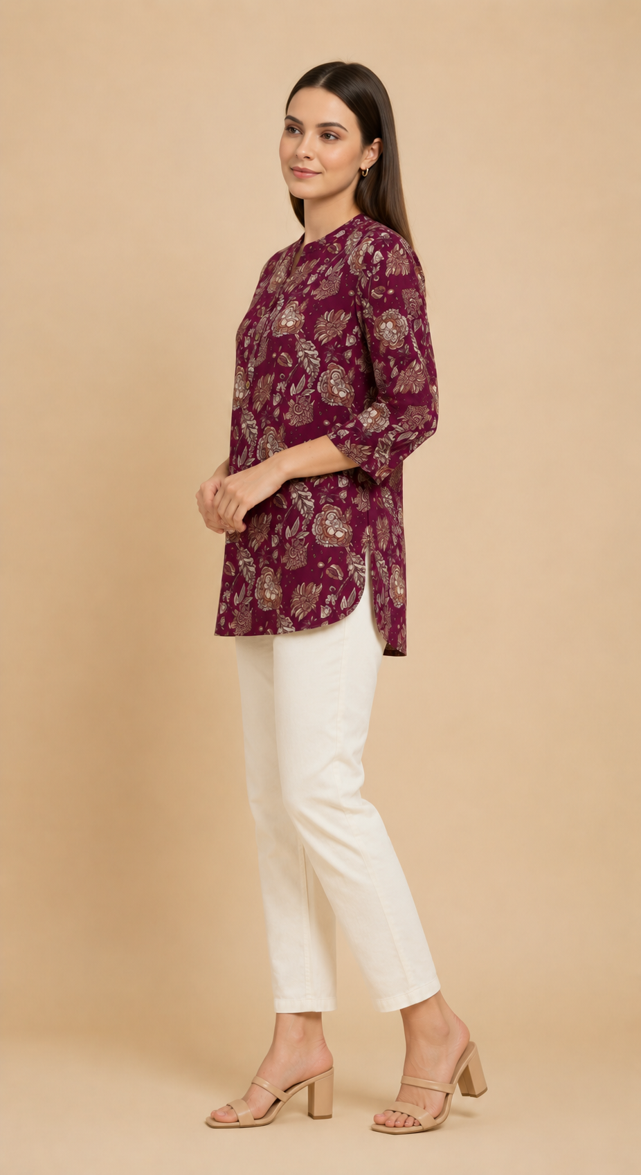 Wine Floral Cotton Top for Women | Casual 3/4 Sleeve