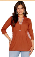 Women's Cotton Kurti, Rust, Embroidered Neckline with Tassel Detail, 3/4 Sleeves