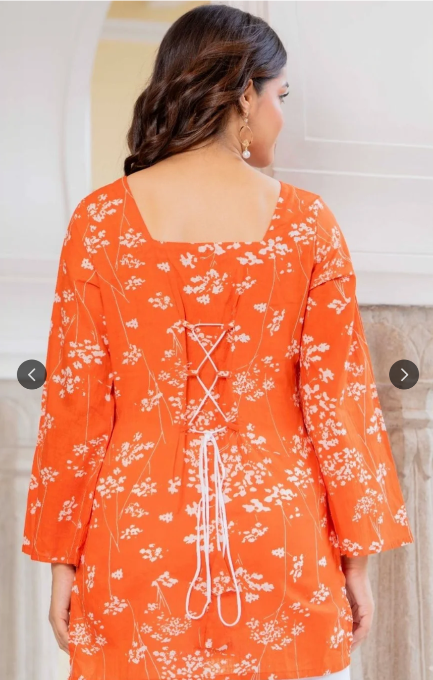 Women's Pure cotton Floral Printed Straight Short Kurti with Bell Sleeves (Copy)