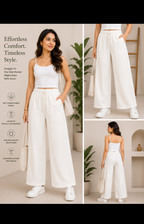 Rakoon Women's pure Cotton  Straight Fit Wide Leg Trousers | Loose Fit Palazzo Pants with Adjustable Doori & Right Side Pocket