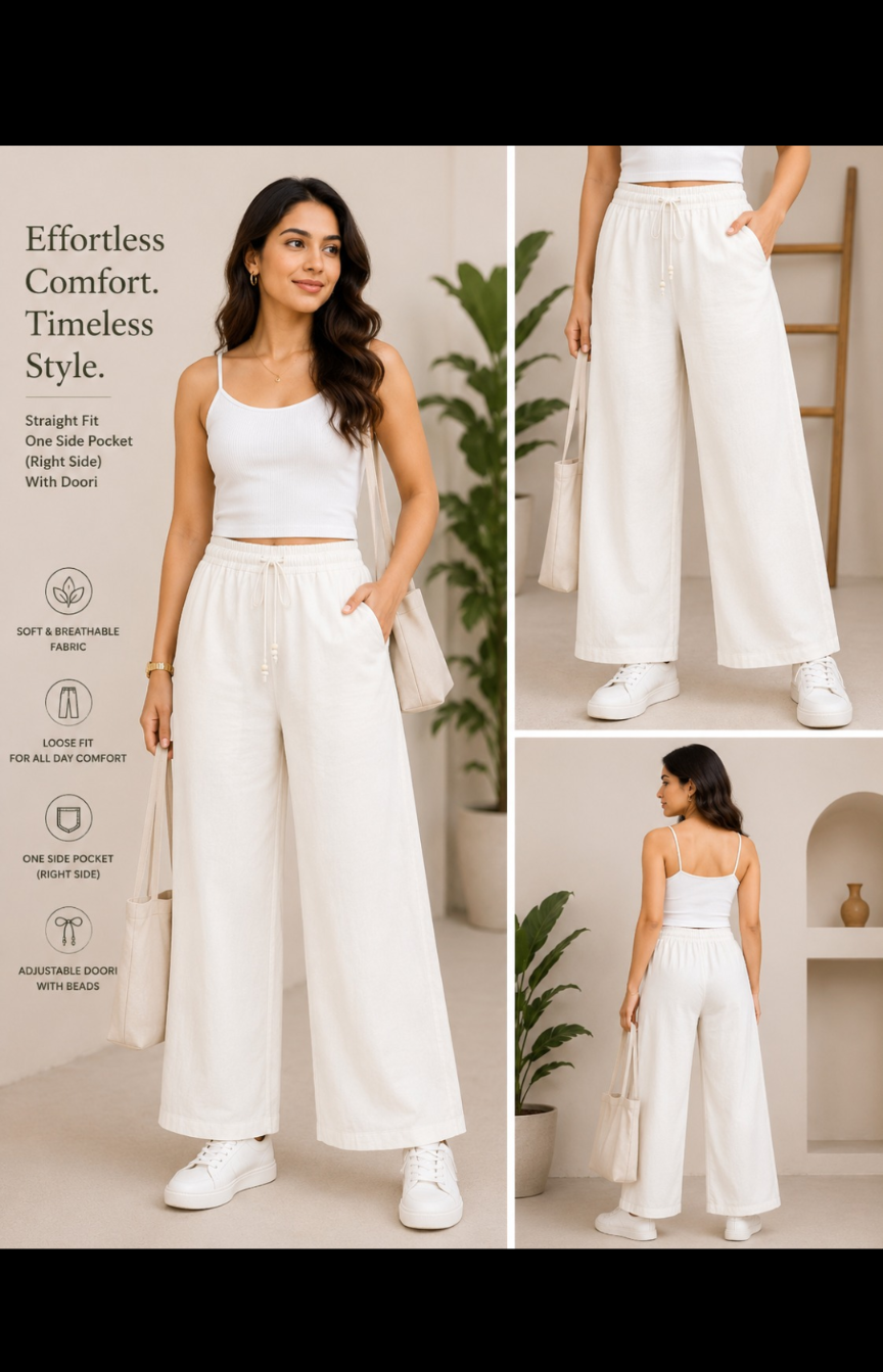 Rakoon Women's pure Cotton  Straight Fit Wide Leg Trousers | Loose Fit Palazzo Pants with Adjustable Doori & Right Side Pocket